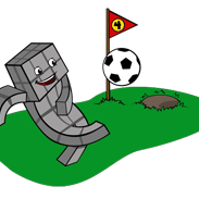 Logo Fußballgolf: Ein gezeichneter kleiner Indemann schießt einen Fußball über die Golfbahn